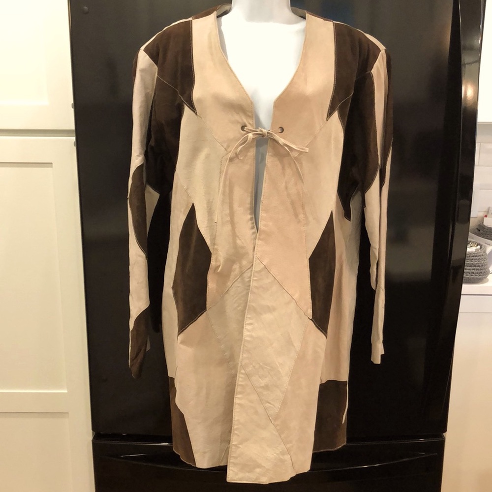 NEW Vintage HYPO ACTIVE Brown Leather Patchwork Long Jacket w/Tie Closure Sz 1XL